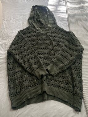 BloomChic Olive Green Open-Knit Hooded Zip Sweater